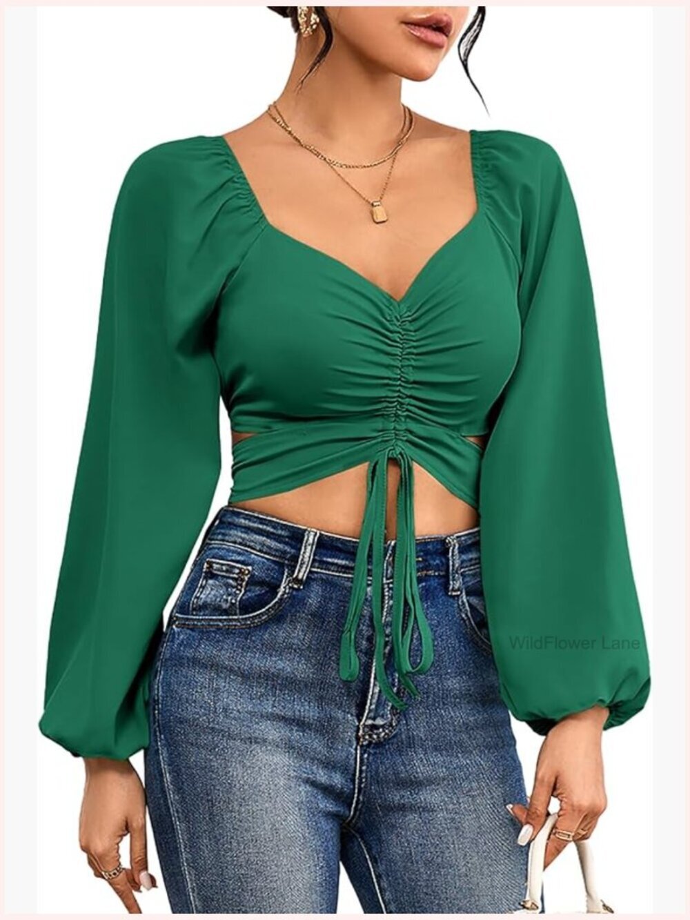 V Neck Long Sleeve Crop Top Drawstring Ruched Lantern Tie Blouse
